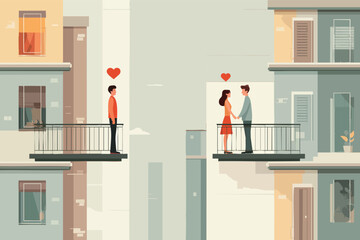Valentines Day Romantic Couple on Balcony Illustration Showing Love Story with Music and Emotional Connection in Cute Cartoon Vector Style