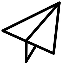 A simple black and white illustration of a paper airplane viewed from an angle, showcasing its geometric shape and clean lines on a plain white background.