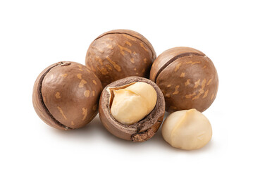 Macro shot of whole macadamia nuts in their brown shells and freshly cracked kernels. Isolated on a white background, ideal for healthy snack packaging and food blogs.