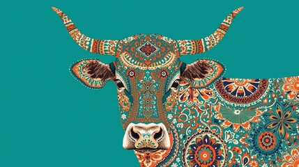 Naklejka premium Colorful Decorative Cow Portrait on Turquoise Background