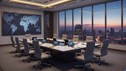 Modern conference room with world map display and city view - Powered by Adobe