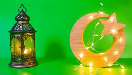 Celebrating ramadan with traditional lantern and crescent moon decoration