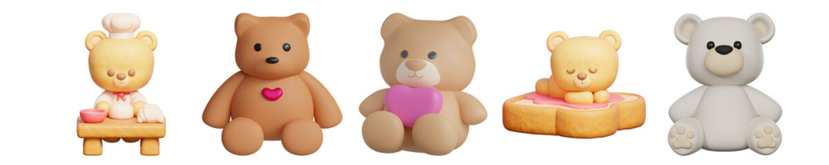 adorable collection of 3d rendered teddy bears in various poses, including chef and heart-hugging, for children's designs.