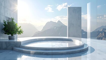 Modern marble platform with mountain view, sunny day