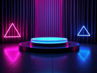 Futuristic neon stage with geometric shapes and vibrant lighting