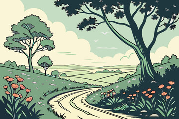 A rainforest scene with tall trees, hanging vines, and rays of sunlight breaking through the canopy.