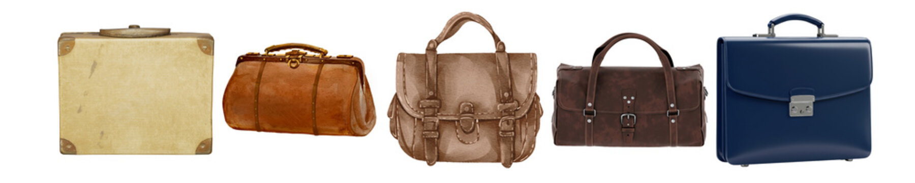 collection of vintage and modern bags, including briefcases and travel luggage, a realistic illustration for various business and travel themes.