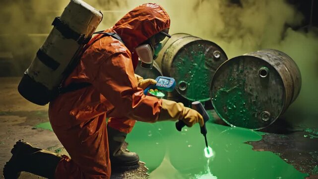 Toxic Spill Investigation - A worker in a bright orange hazmat suit kneels beside a pool of spilled green liquid.