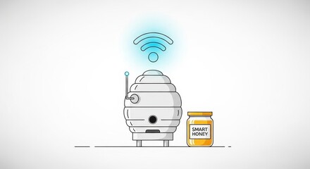 Conceptual illustration of a smart beehive with wireless connectivity,showcasing innovative technology in beekeeping alongside a jar labeled 'Smart Honey' Online honey-store concept.