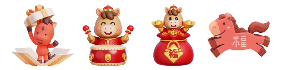 charming 3d rendered cartoon horses celebrating chinese new year, embodying prosperity, good fortune, and festive joy on a clean background.