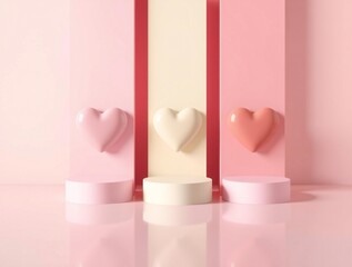 Three pastel heart shapes displayed on geometric pedestals against a soft pink background