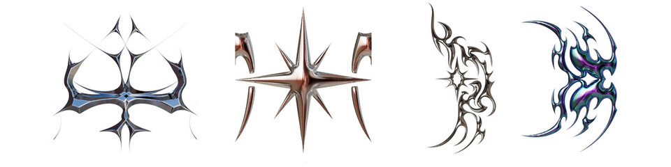 captivating collection of abstract metallic sigils, featuring intricate, futuristic designs and reflective, polished surfaces.