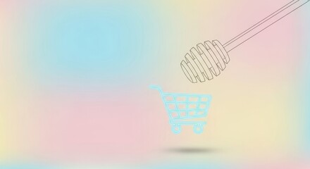 A whimsical honey dipper hovering above a shopping cart,symbolizing the sweet experience of online shopping and the joy of purchasing gourmet ingredients Online honey-store concept.