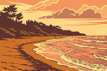 A golden sunset at the beach, waves gently touching the shore, sky painted in orange and pink.