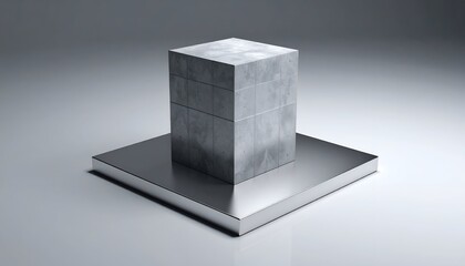 A cube made of stacked stone blocks on a metallic square base
