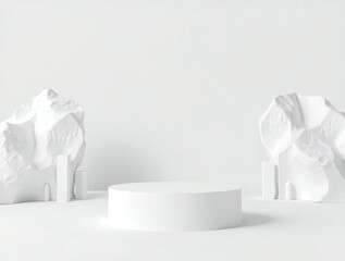 Minimalist white podium with abstract crumpled shapes on a bright background