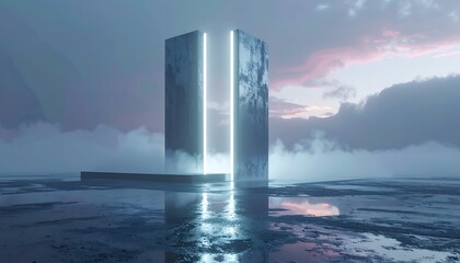 Illuminated vertical monolith amidst a dreamy, reflective landscape