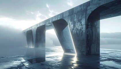 Concrete structure with archways emerging from mist. Reflective water surface