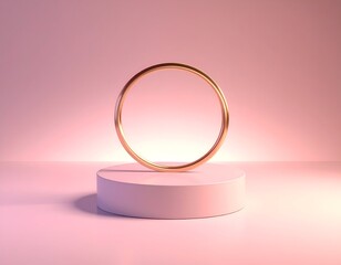 Gold ring on pedestal under pink gradient light, minimal, elegant design