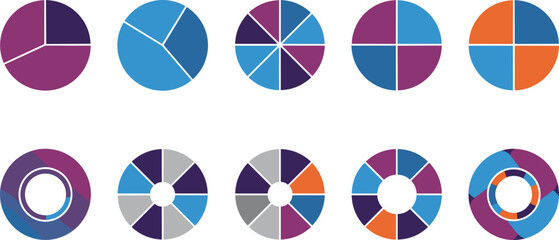 Colorful pie charts and donut charts  purple blue