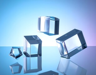 Geometric glass shapes float against a gradient blue and purple backdrop