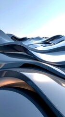 Metallic, undulating abstract landscape reflecting a bright sky