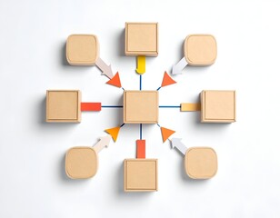 Central square connects via lines and arrows to eight surrounding boxes