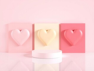 Three pastel heart shaped soaps displayed on a pink background