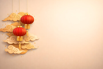 Lunar New Year Celebration: Two vibrant red lanterns adorned with golden accents and fluffy cloud decorations, evoking a sense of joy and festivity during the Lunar New Year.