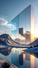 Glass structure reflecting serene snowy landscape at sunset over mirrored lake