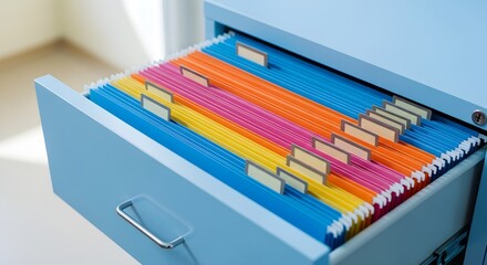 Filing Cabinet Drawer Containing Colorful Hanging Folders Used for Organized Storage