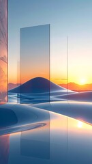 Desert landscape with reflective surfaces, abstract panels and sunset