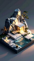 Isometric view of a zen-like miniature landscape with modern architecture