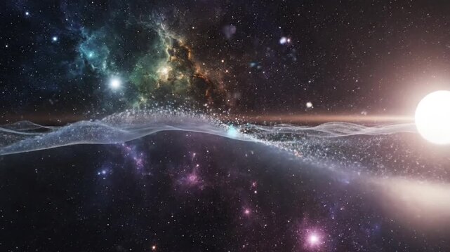 Cosmic landscape with a glowing sun, stars, and galaxies in a vibrant, celestial scene with a wave of light across a dark, starry sky.