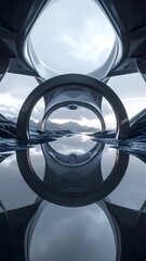 Futuristic architectural design with reflections in water, against a cloudy sky