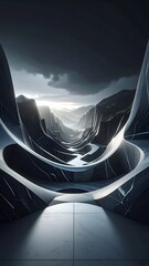 Abstract canyon with stylized, flowing forms and moody lighting