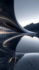 Modern curved architecture with reflection in a water feature, mountains background