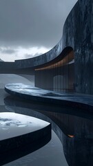 Curved concrete architecture reflecting in still water under a clouded sky