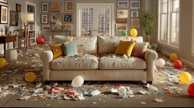 In the middle of a vibrant pile of party trash lies a bland couch.