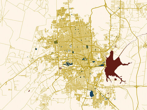 City map of Hermosillo, Mexico &ndash; dark red water and warm gold roads