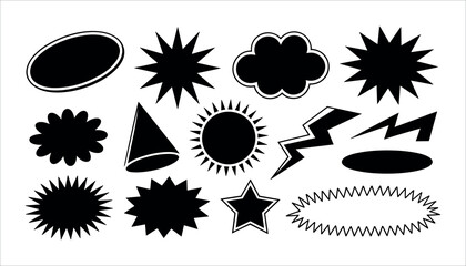 Black and white comic book style shapes star on white background.
