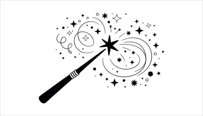 Black magic wand with star and swirling sparkles swirls black and white  background. © Tania