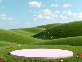 Empty podium on rolling green hills under a blue sky