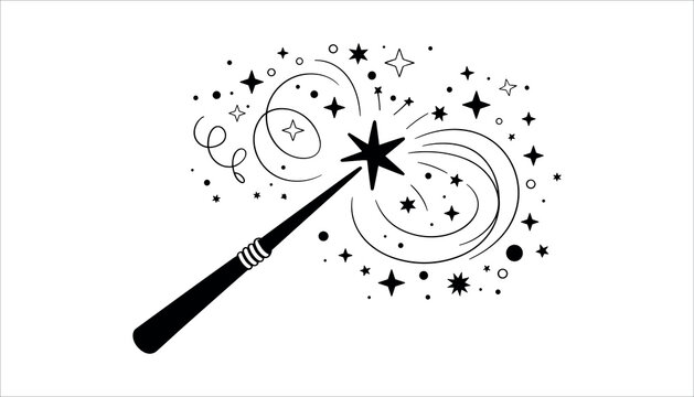 Black magic wand with star and swirling sparkles swirls black and white  background.