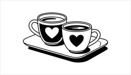 Two coffee cups with hearts on a tray black and white love on white background.