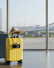 Tourist hat over sunglasses and camera on yellow luggage aside glass wall at airport. Travel trip.