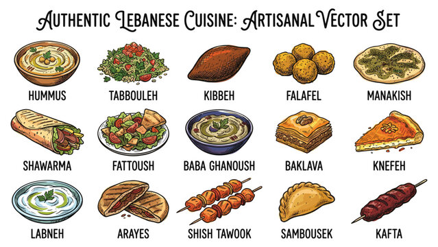 Assorted Lebanese Cuisine Dishes and Ingredients Displayed in a Vibrant Flat Lay Arrangement