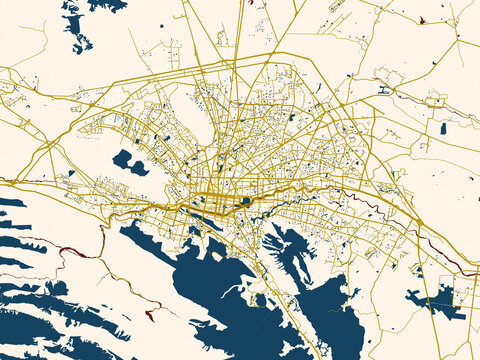 Abstract city map of Monterrey, Mexico with dark red water and warm gold roads