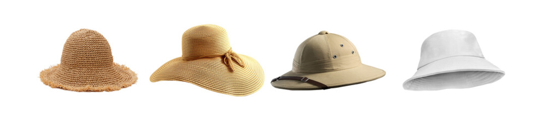 a diverse collection of various hats including sun hats, straw hats, and pith helmets, isolated on white.