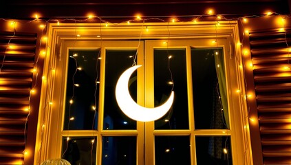 Cozy cabin window with crescent moon and lights